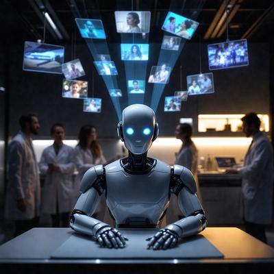 The primary subject of the image is a robot sitting at a desk. The robot has blue eyes and appears to be a humanoid robot. The setting is an office environment, with a desk and a chair visible in the scene. The visual style of the image is a combination of photo and digital art, creating a futuristic and technological atmosphere. The colors and mood of the image are predominantly dark and moody, with the robot as the focal point.